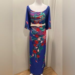 VTG Blue Colorful Floral Off-the-Shoulder Flowy Maxi Dress - M